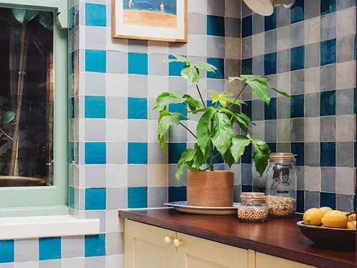 Blue and white kitchen wall tile chequerboard pattern